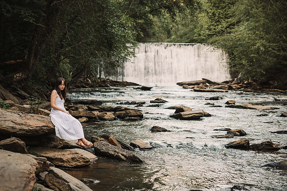 Teen Girl in front of a waterfall in Roswell, GA