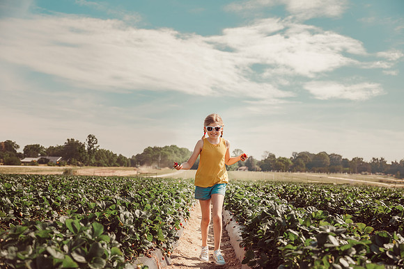 smiling girl picks strawberries on a sunny day in bogart, ga