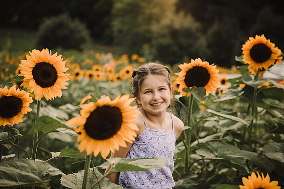 smiling tween girl in a sunflower field by monica carlson