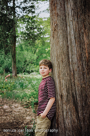 Tween Boy leaning against a tree on the grounds of Barrington Hall