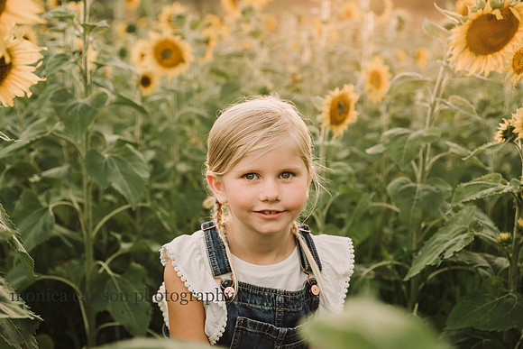 portrait of a blonde girl sitting in a sunflower field at prospect farms