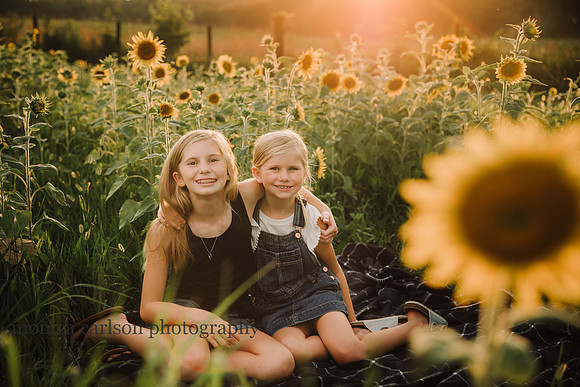 backlit image of two sisters sitting in a sunflower field by monica carlson photography