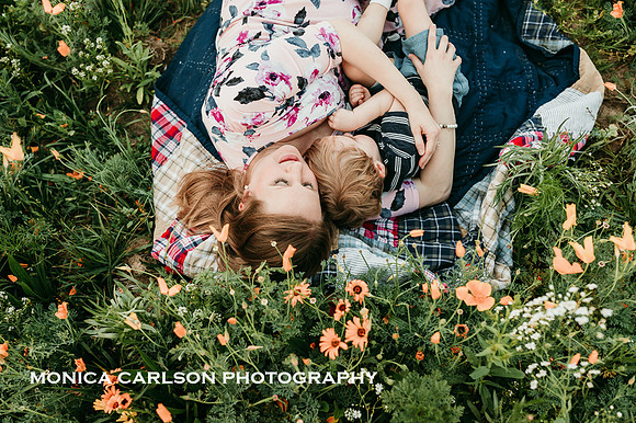 view from above of a woman and her son laying together in a wildflower field at prospect farms