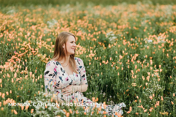 pregnant mother sits in a wildflower field at Prospect farms by monica carlson