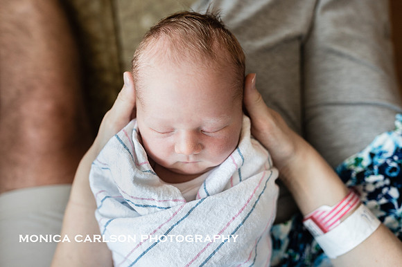 portrait of a new baby's head cupped in his mother s hands by monica carlson