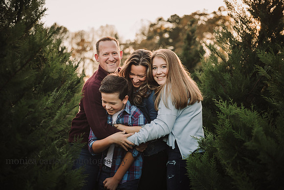 mom, dad and their two teenage kids cuddle among christmas trees during a mini session
