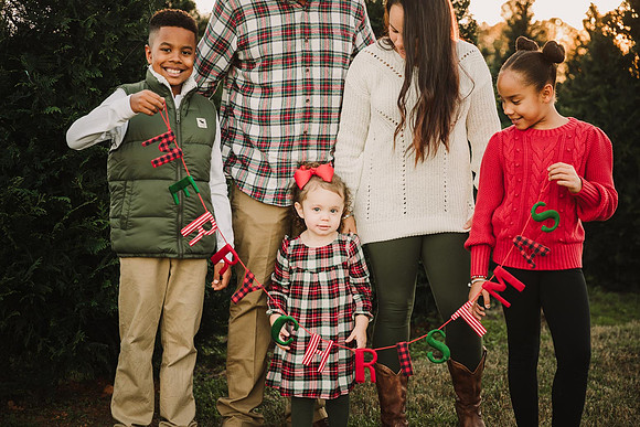 todder girl in a holiday dress stands with her family durng a mini session at bottoms tree farm and they are holding a merry christmas sign