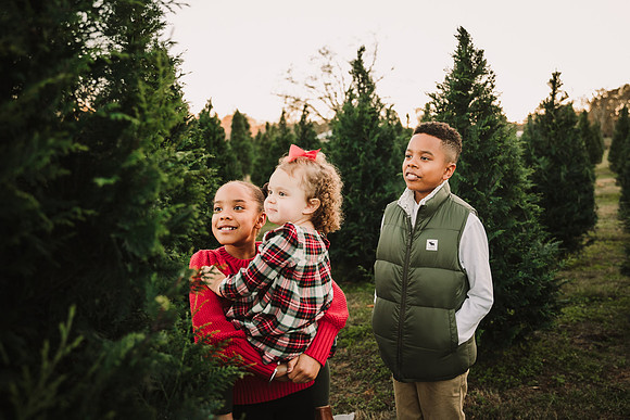 three siblings dressed for the holidays look at a elf that is in a christmas tree