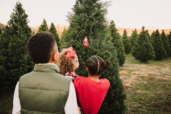three kids looking at a elf that they found in a christmas tree at Bottoms Tree Farm in Cumming, GA
