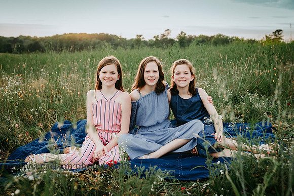 three sisters sitting on a blanket in a wildflower field
