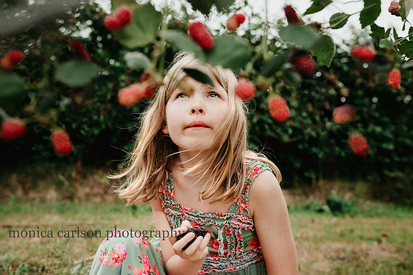 girl looking up at a raspberry bush
