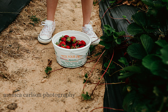 bucket of strawberries by the feet of a child