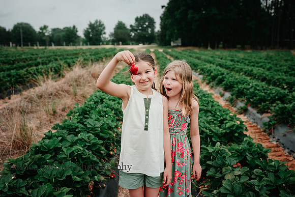 two girls happily admiring a huge strawberry they picked at Washington farm