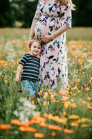 pregnant mom with son on a wildflower field by monica carlson photography