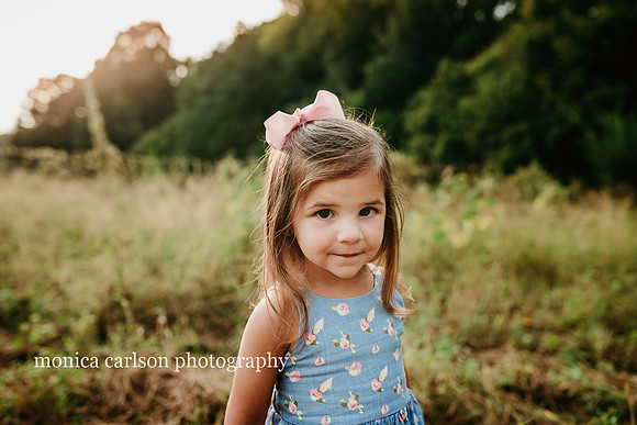 portrait of a little girl with a open field behind her by monica carlson