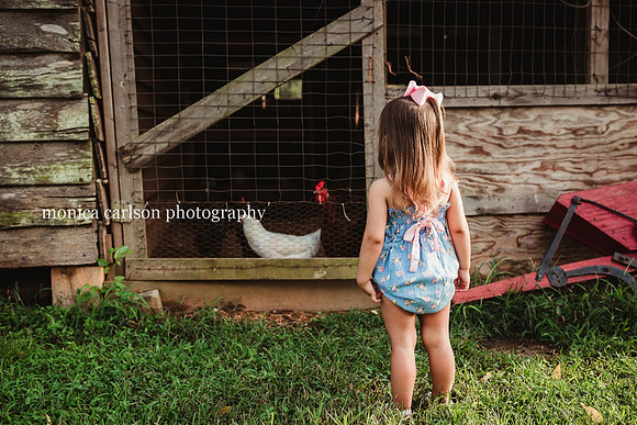 young girl looking at chicken on a farm in cumming