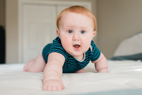 fat nine month old baby boy crawling towards the viewers