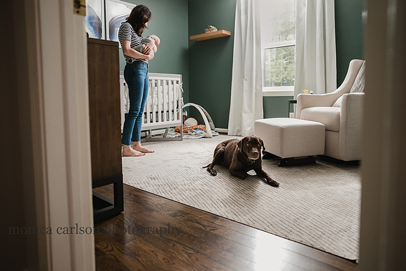 dog laying on the floor of a nursery while mom rocks baby to sleep