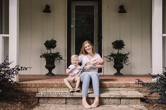 teenager with her toddler and newborn brothers, sitting on a porch