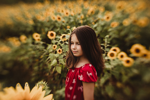 a girl looks into the distance in a sunflower field