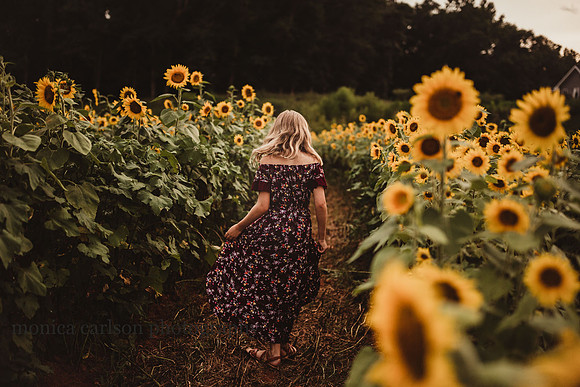 girl runs down the rows of sunflowers by monica carlson
