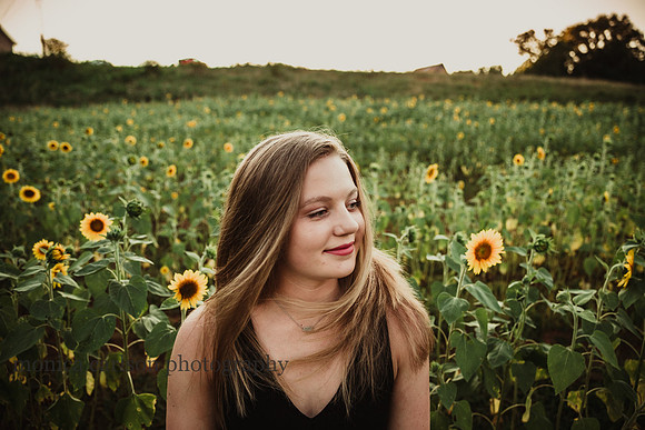 girl standing in a sunflower field with her hair blowing in the wind