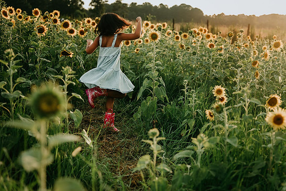 little twirls on a field of sunflowers while wearing rain boots