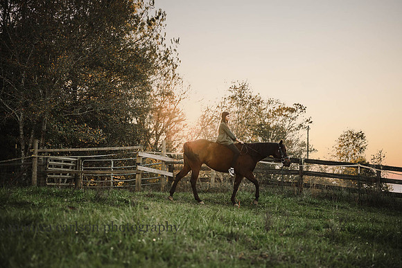 girl rides her horse in a grassy field at sunset